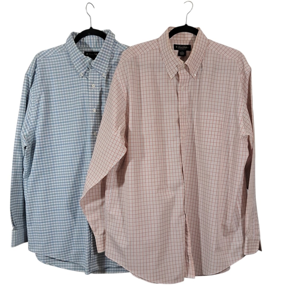 Brooks Brohers Lot 2 Mens XL Multi Plaid Blue Orange Check Long‎ Sleeve Shirts